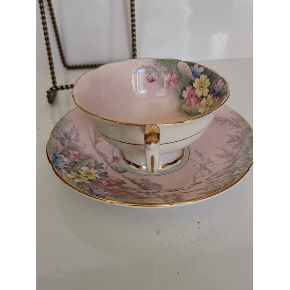 Paragon Tea Cup and Saucer Set Pink Floral Landscape with Birch Trees 1940's - Picture 6 of 14